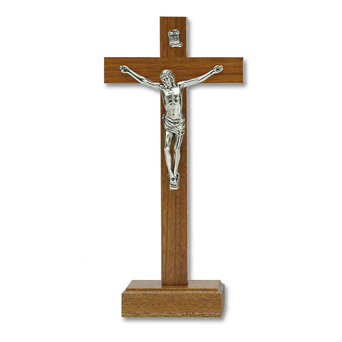 Medium Oak- Wood Cross with Silver Tone Corpus on Base