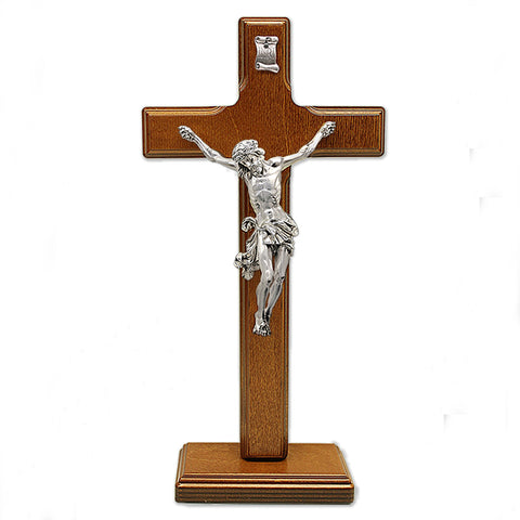 Coffee Brown- Wood Cross with Silver Tone Corpus on Base